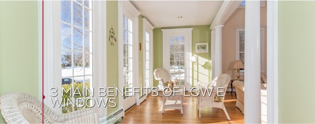 A bright interior with white wicker chairs and a glass table, showcasing large windows that provide a view of a snowy landscape, illustrating the comfort and efficiency of Low-E windows.