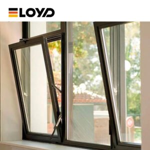 A black ELOYD tilt-and-turn window partially open in a tilt mode, showcasing its functionality, with a view of green foliage and a building roof outside.