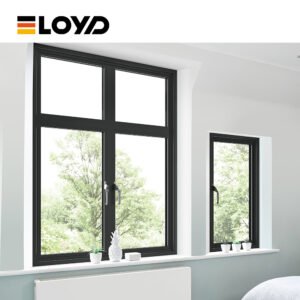ELOYD dark grey aluminum alloy indoor window, with a white window ledge. On the ledge, there are green plant pots and pineapple decorations. Outside the window, one can see natural light and trees.