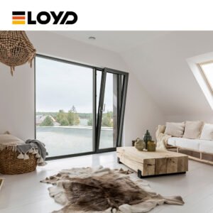 Modern living room with ELOYD black-framed folding doors opening to a garden view, featuring a light sofa, wooden coffee table, and fur rug in a bright, minimalist space.