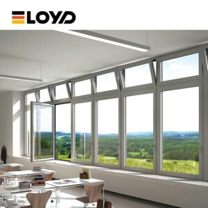 Modern living room with ELOYD black-framed folding doors opening to a garden view, featuring a light sofa, wooden coffee table, and fur rug in a bright, minimalist space.