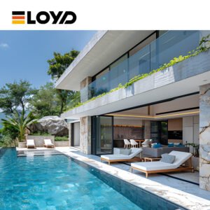 Modern luxury villa by ELOYD featuring a stone facade, large glass doors, a green-planted balustrade, and a pristine swimming pool with white sun loungers.