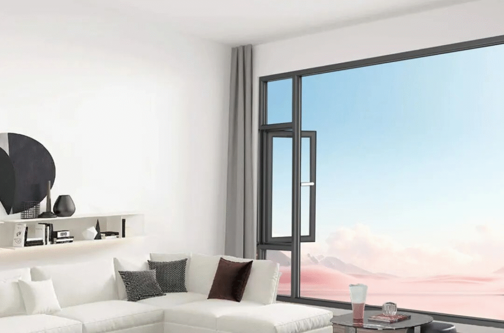 A cozy modern living room featuring a brown sofa, a round coffee table with a vase, a carpet, and a walking cat, centered around a large floor-to-ceiling window that frames serene views of rolling mountains and a bright sky with sunlight streaming in, creating a warm and relaxing atmosphere.