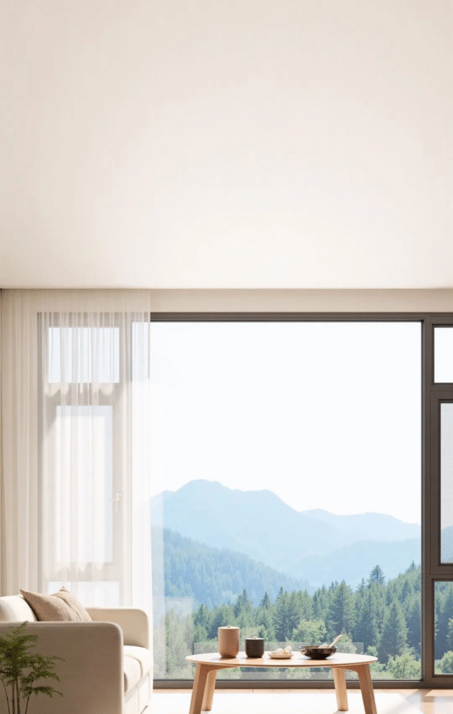 A warm and inviting indoor space featuring a light beige sofa, green plants, a simple wooden coffee table with cups and snacks, and a large floor-to-ceiling window with white sheer curtains, offering panoramic views of a lush forest, rolling mountains, and blue sky, creating a peaceful natural retreat.