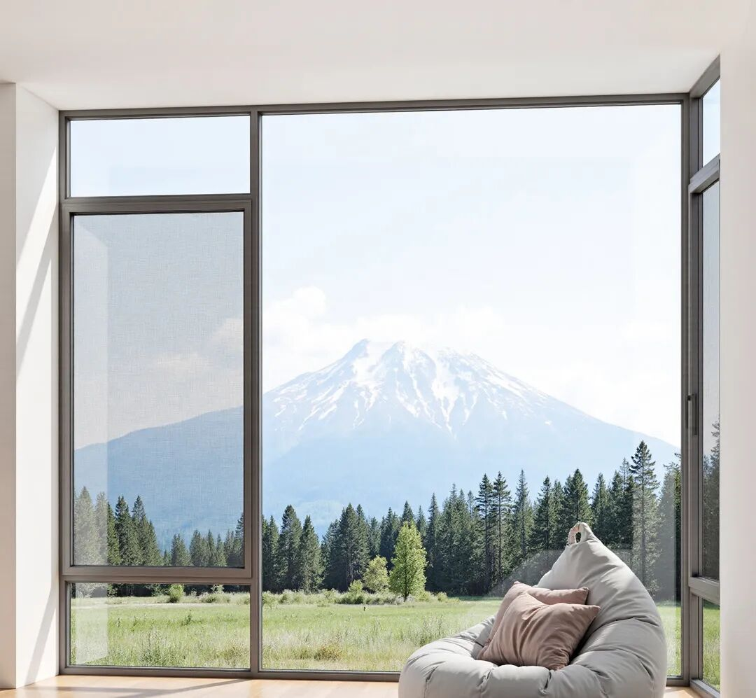 A modern minimalist interior space featuring a wide floor-to-ceiling window with a dark gray frame, offering views of a snowy mountain, dense forest, and green grassland outside, complemented by a light gray bean bag chair and pillows for a cozy atmosphere.