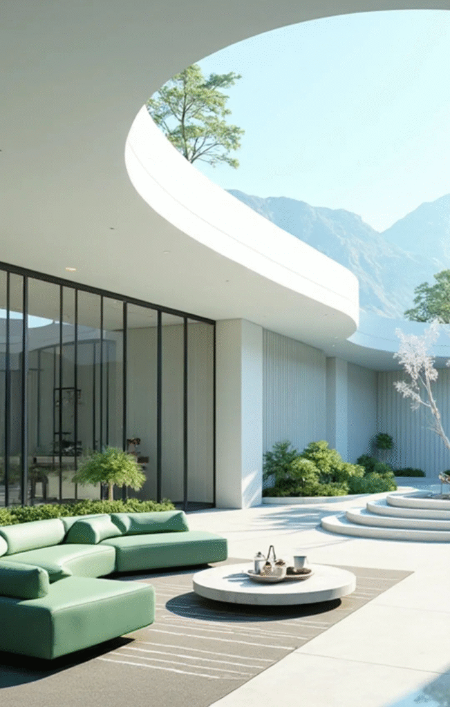 A contemporary outdoor courtyard featuring elegant glass doors and windows, with a green sofa, white coffee table, stone paving, lush greenery, and mountain views, showcasing modern architectural design.
